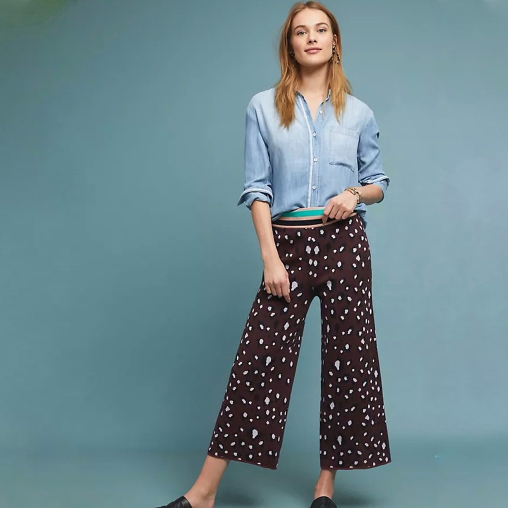 Dolan Anthropologie Knit Pants Wide Leg Leopard Cheetah Burgundy Spotted Print